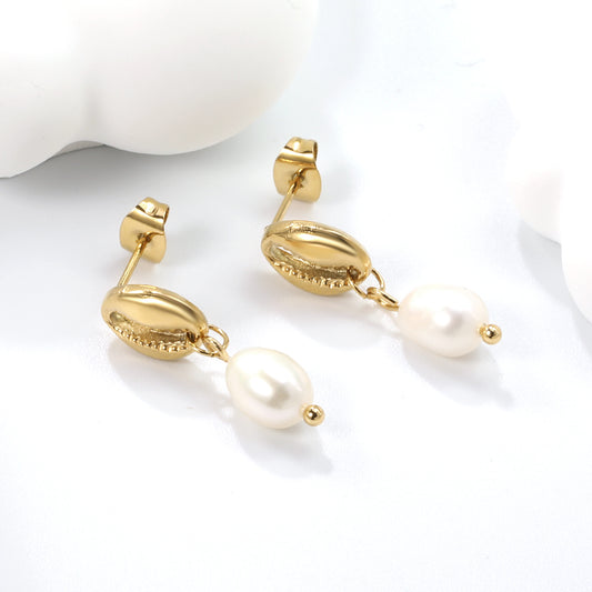 Gold Cowrie Shell Pearl Drop Earrings